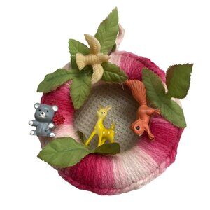 Vintage Handmade Woven Yarn Wreath With Plastic Animal Figures & Leaves
